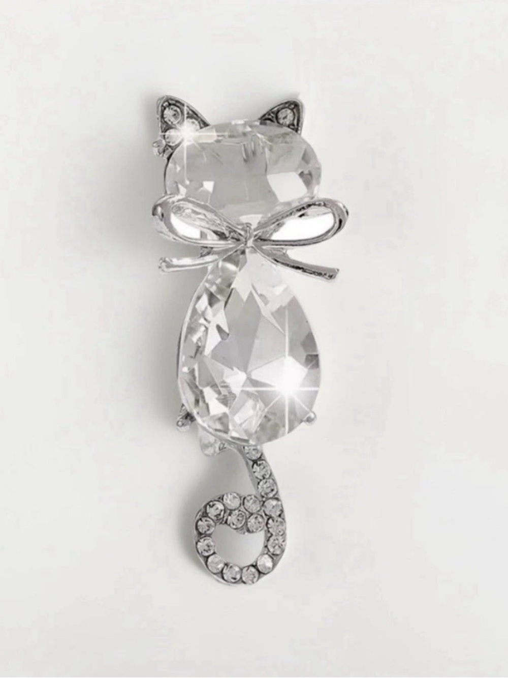 Sparkling Clear Jewel Cat Brooch Pin With Rhinestones Clear Silver Accent